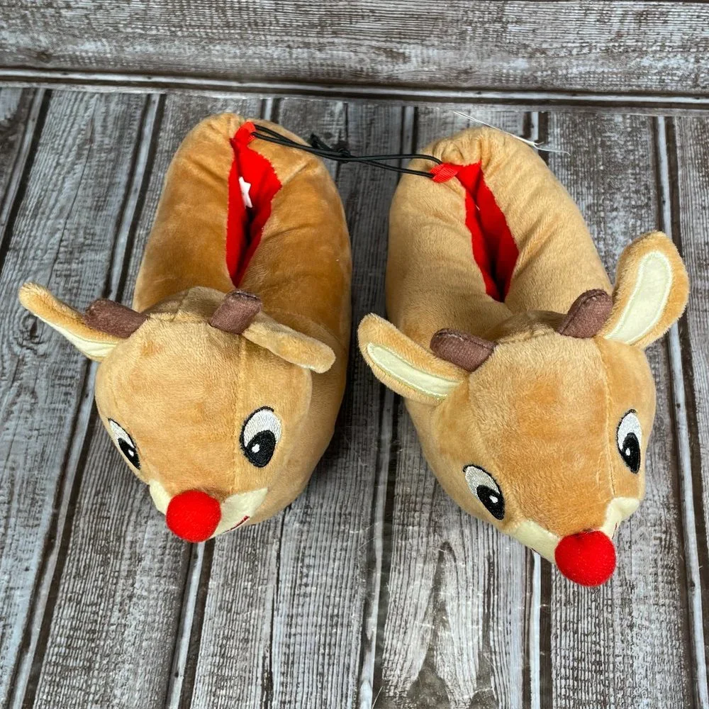 RUDOLPH THE RED NOSED REINDEER Kids Youth Unisex 5-6 Brown 3D SLIPPER NWT NEW